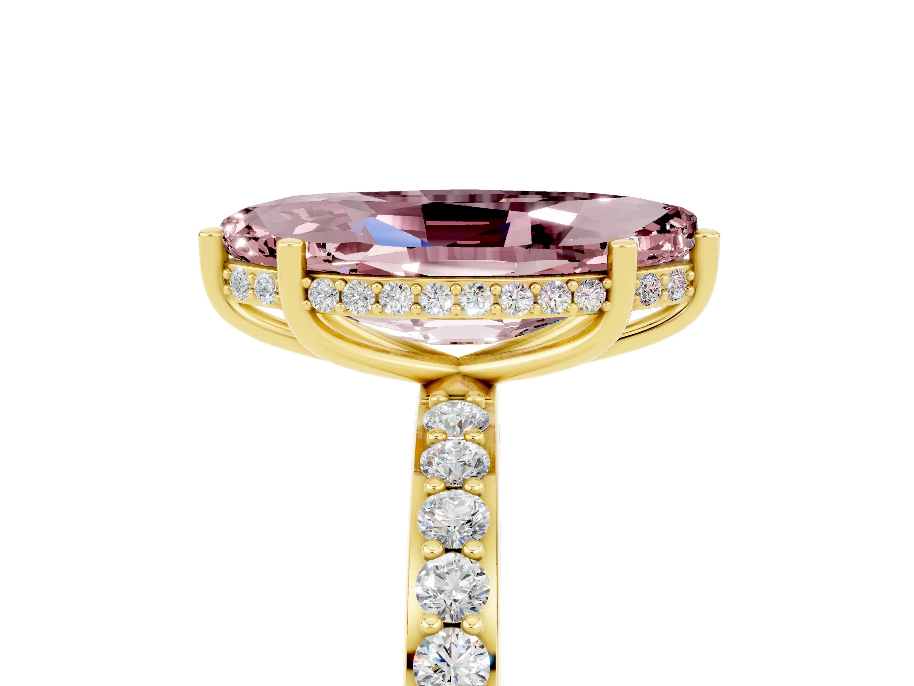 Yellow gold Marquise Cut Morganite Solitaire Ring with Pavé Band and Hidden Halo_17