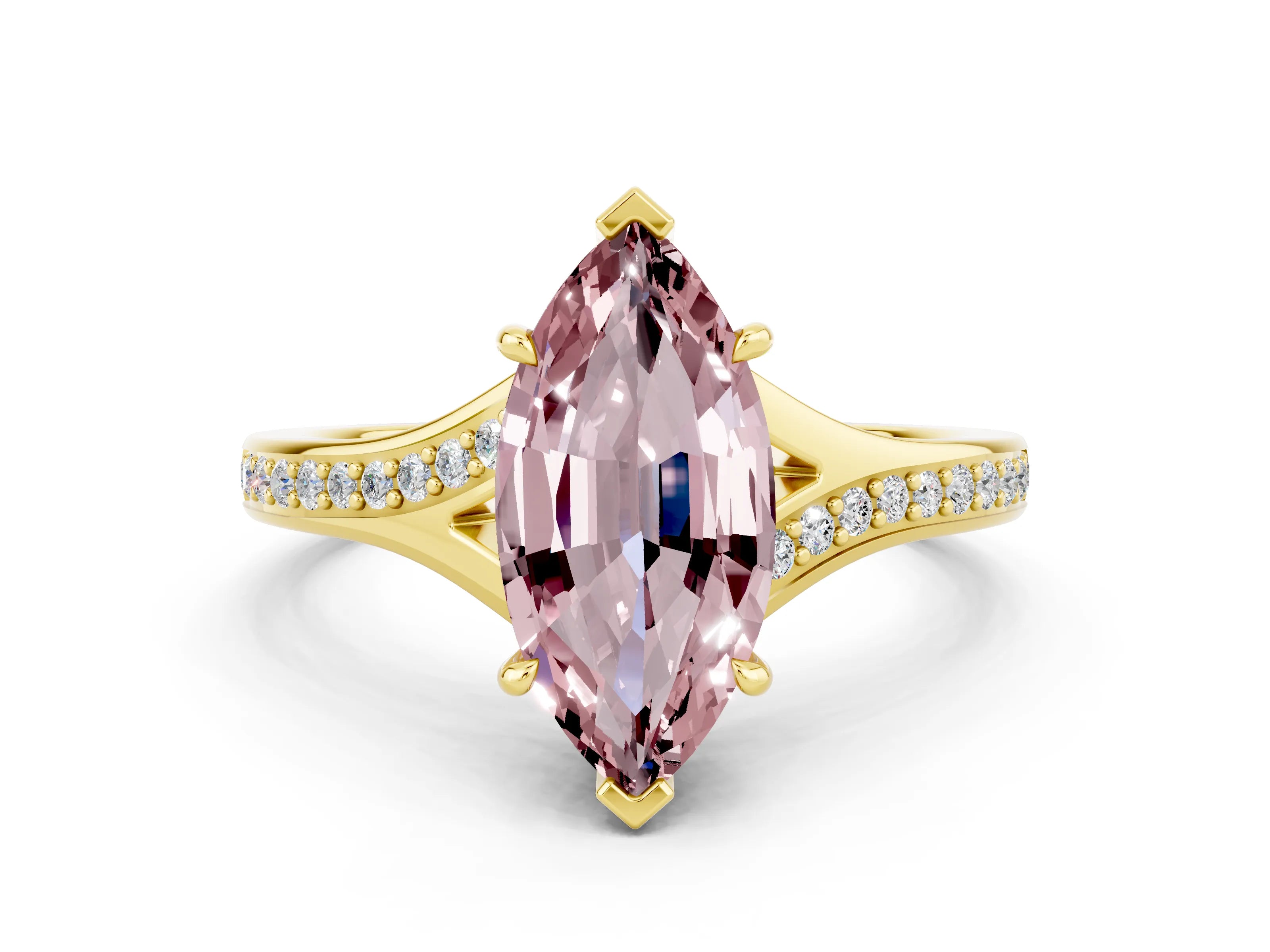 Yellow gold Marquise Cut Morganite Solitaire Ring with Pavé Band and Prong Setting