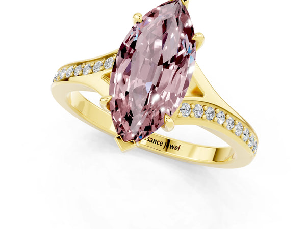 Yellow gold Marquise Cut Morganite Solitaire Ring with Pavé Band and Prong Setting