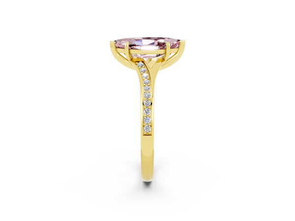 Yellow gold Marquise Cut Morganite Solitaire Ring with Pavé Band and Prong Setting