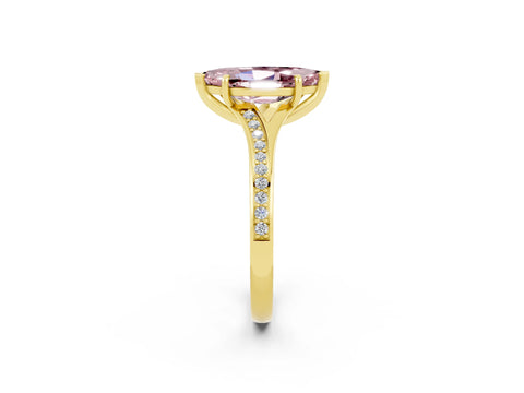 Yellow gold Marquise Cut Morganite Solitaire Ring with Pavé Band and Prong Setting_2