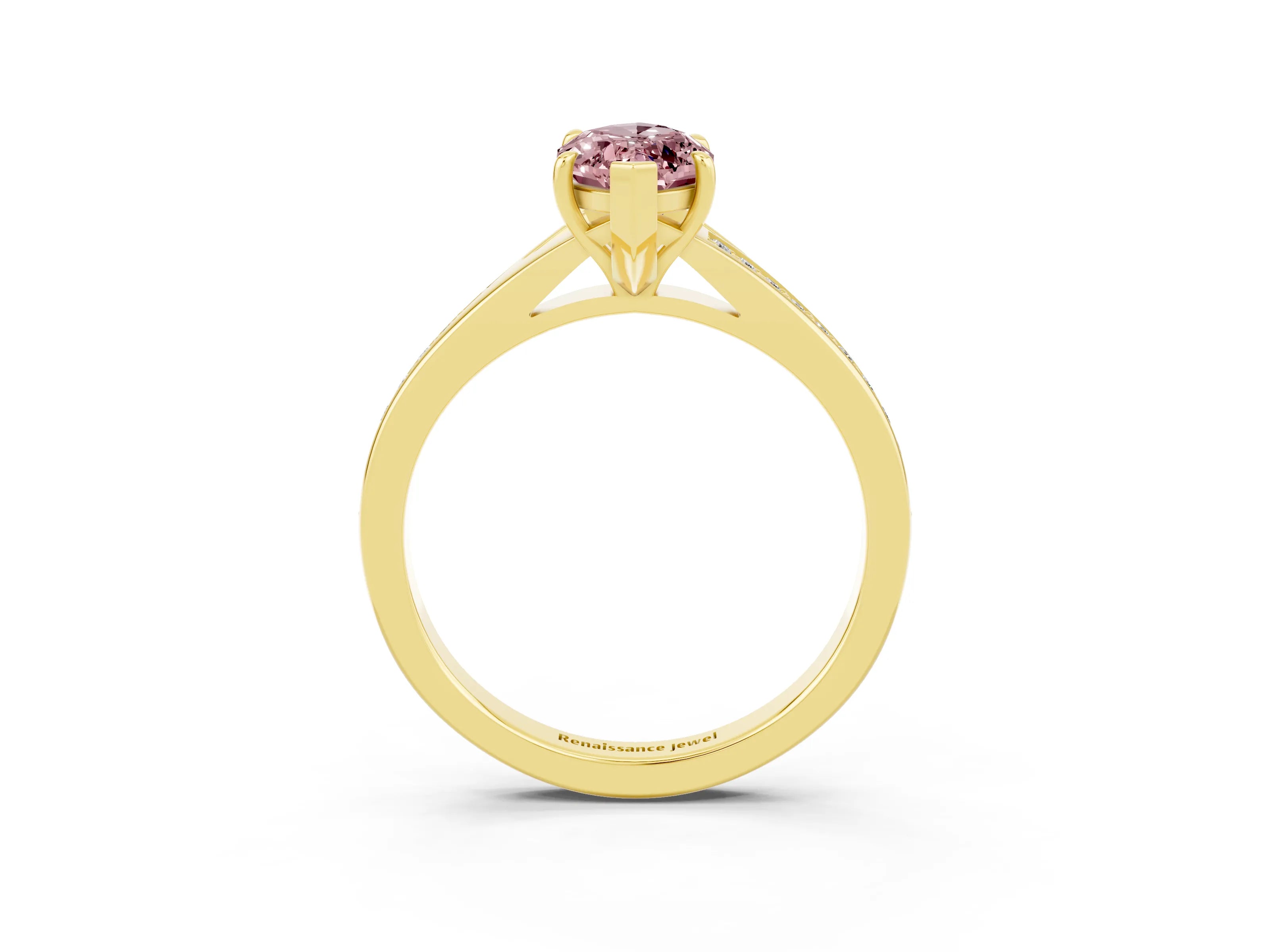 Yellow gold Marquise Cut Morganite Solitaire Ring with Pavé Band and Prong Setting_3