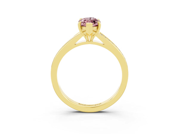 Yellow gold Marquise Cut Morganite Solitaire Ring with Pavé Band and Prong Setting