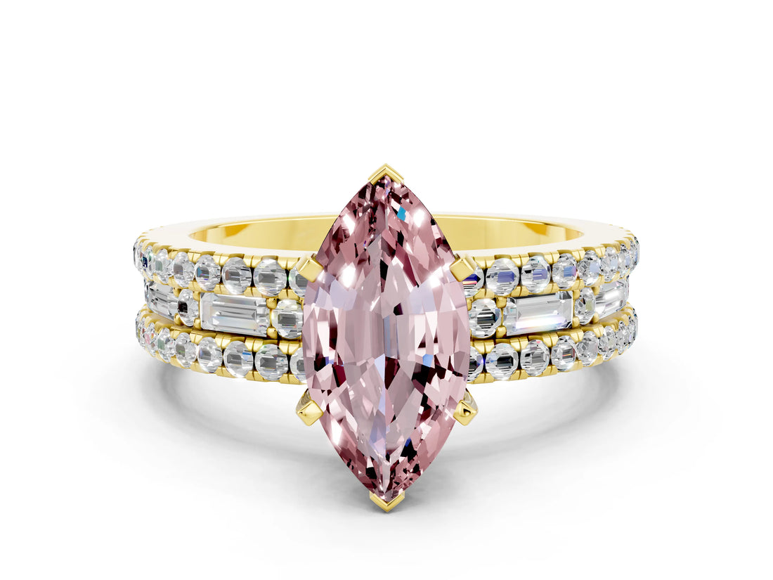 Yellow gold Marquise Cut Morganite Solitaire Ring with Pavé and Channel Set Band
