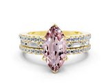 Yellow gold Marquise Cut Morganite Solitaire Ring with Pavé and Channel Set Band