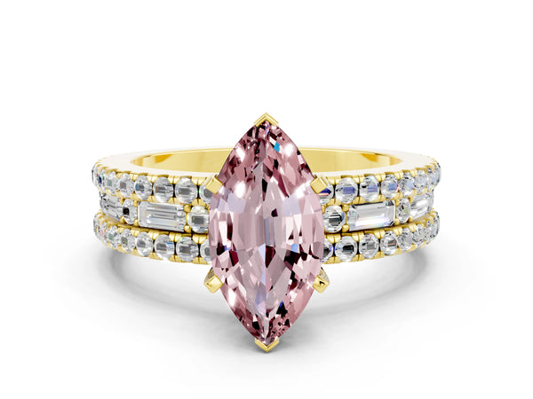 Yellow gold Marquise Cut Morganite Solitaire Ring with Pavé and Channel Set Band