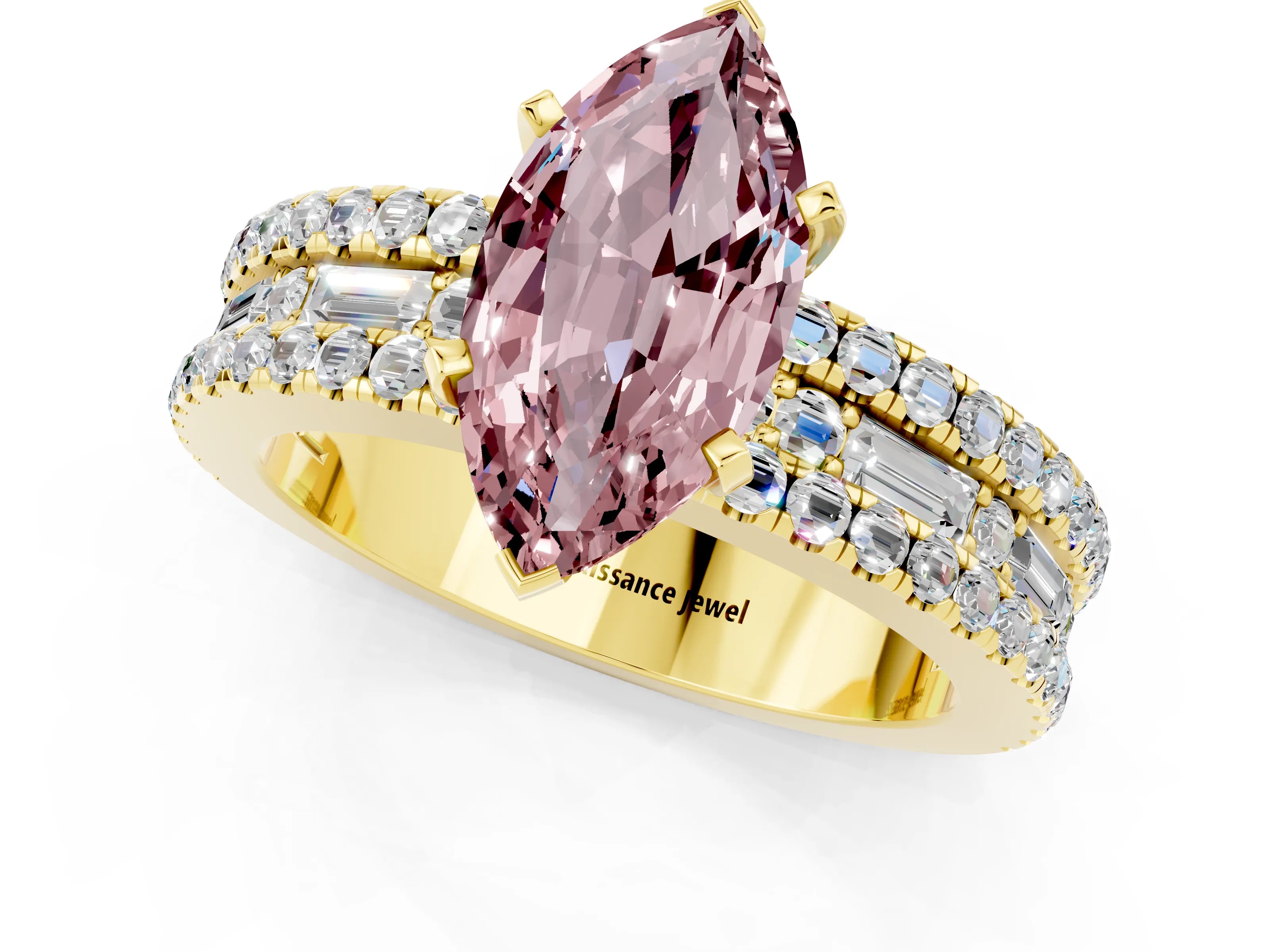 Yellow gold Marquise Cut Morganite Solitaire Ring with Pavé and Channel Set Band_1