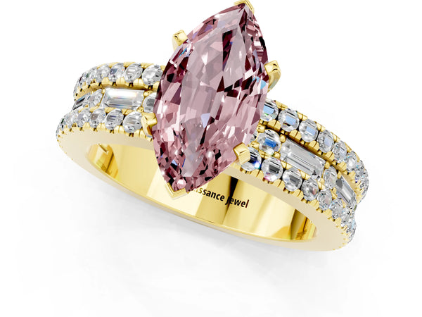Yellow gold Marquise Cut Morganite Solitaire Ring with Pavé and Channel Set Band