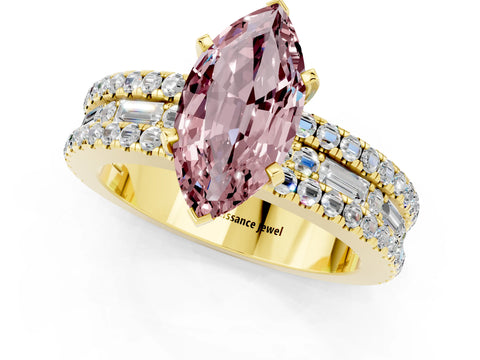 Yellow gold Marquise Cut Morganite Solitaire Ring with Pavé and Channel Set Band_1