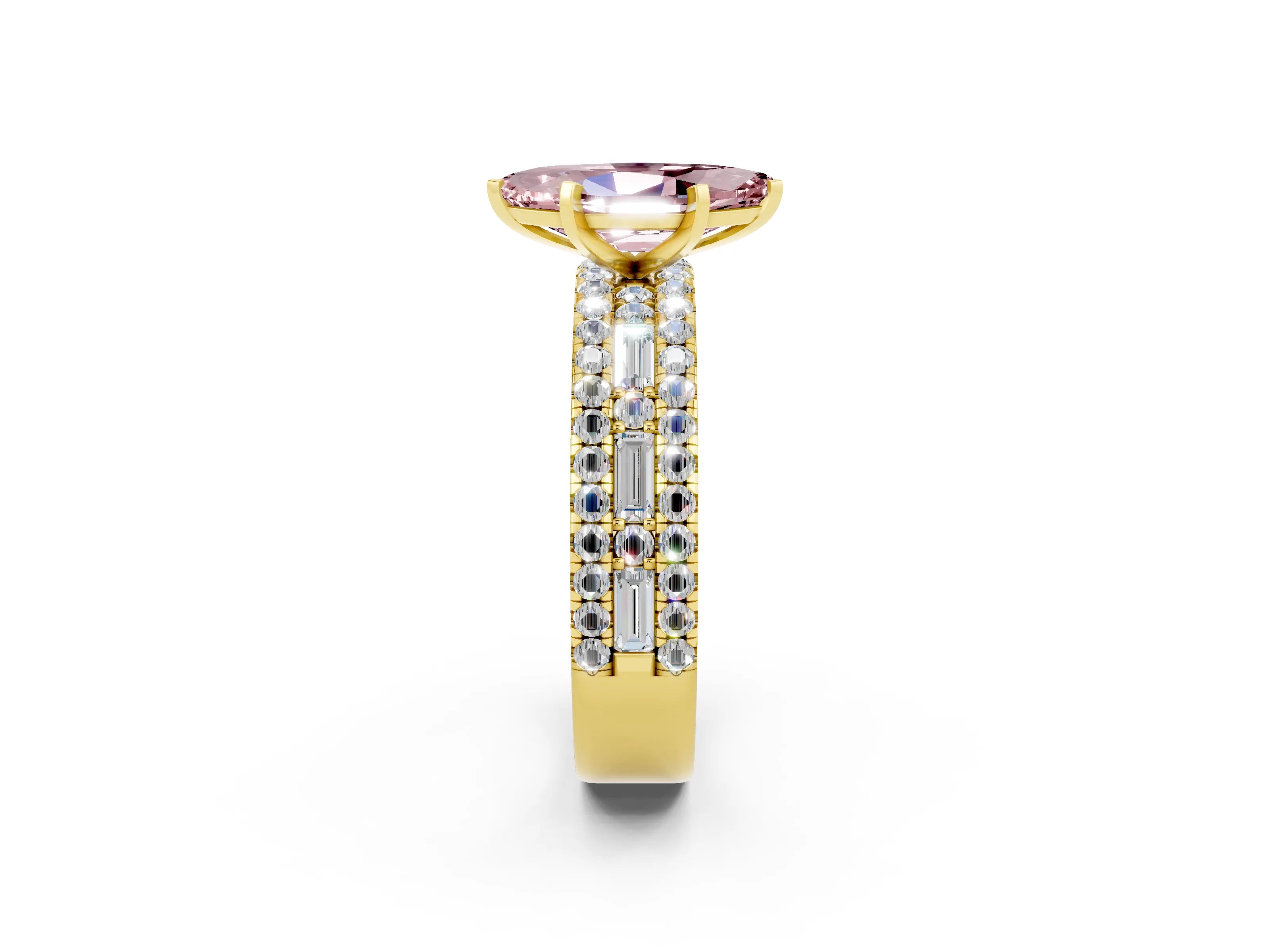 Yellow gold Marquise Cut Morganite Solitaire Ring with Pavé and Channel Set Band_2
