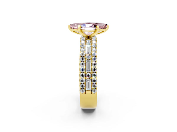 Yellow gold Marquise Cut Morganite Solitaire Ring with Pavé and Channel Set Band