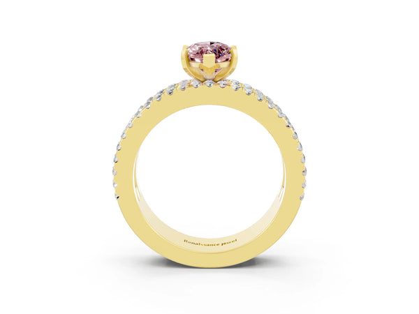 Yellow gold Marquise Cut Morganite Solitaire Ring with Pavé and Channel Set Band