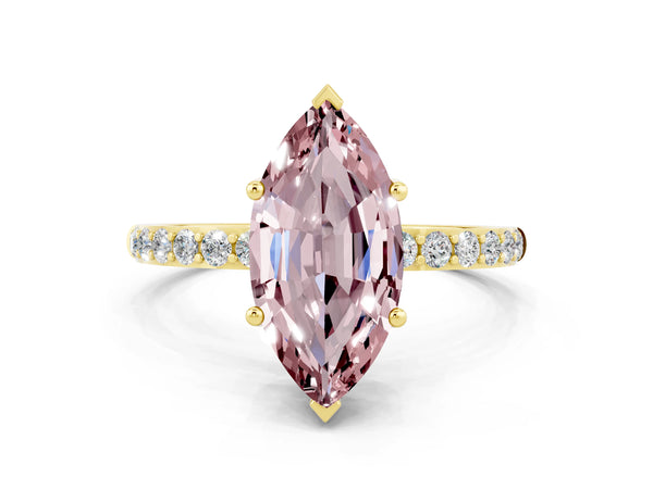 Yellow gold Marquise Cut Morganite Solitaire Ring with Round  Pavé Band and Prong Setting