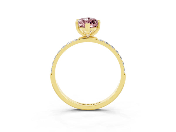 Yellow gold Marquise Cut Morganite Solitaire Ring with Round  Pavé Band and Prong Setting