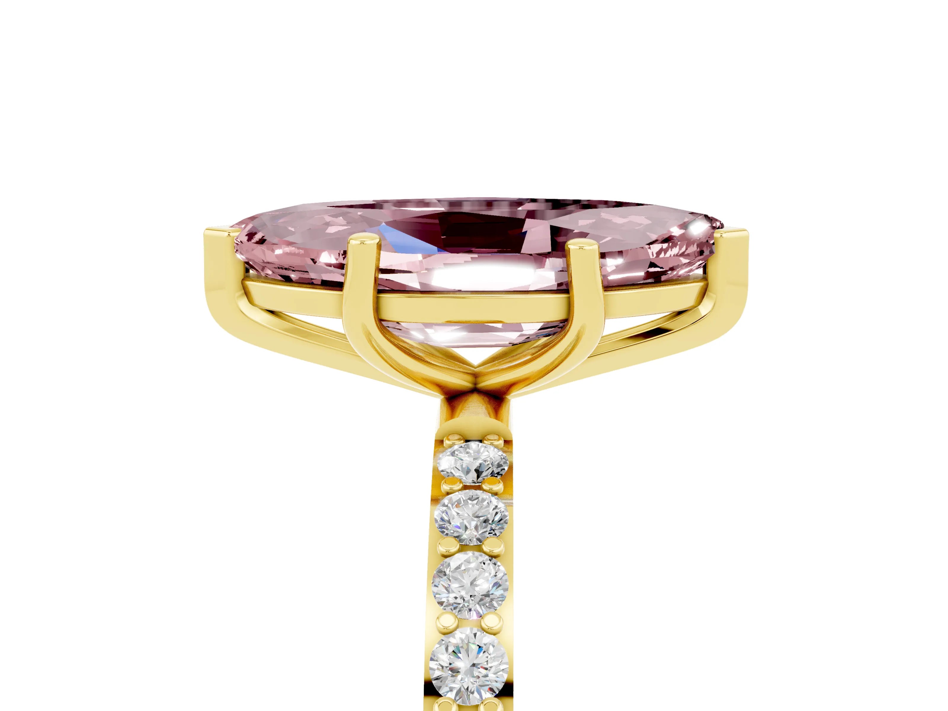 Yellow gold Marquise Cut Morganite Solitaire Ring with Pave Band and Four Prong Setting_29