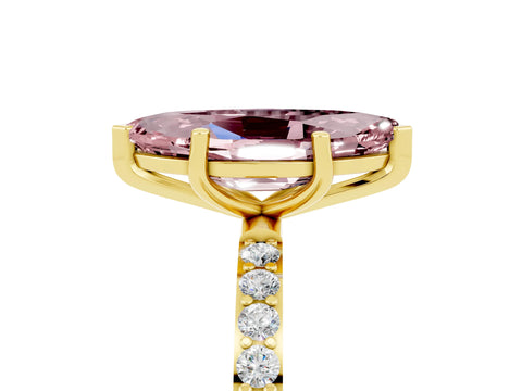 Yellow gold Marquise Cut Morganite Solitaire Ring with Pave Band and Four Prong Setting_29