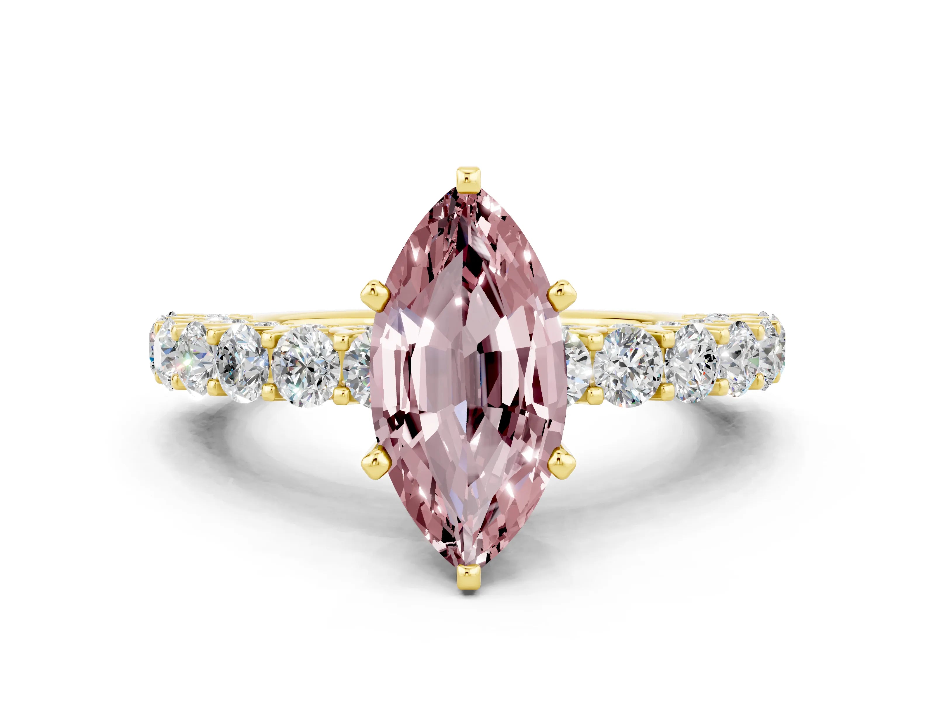 Yellow gold Marquise Cut Morganite Solitaire Ring with Shared Prong Pavé Band and Four-Prong Setting