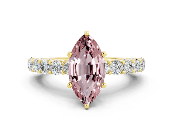 Yellow gold Marquise Cut Morganite Solitaire Ring with Shared Prong Pavé Band and Four-Prong Setting