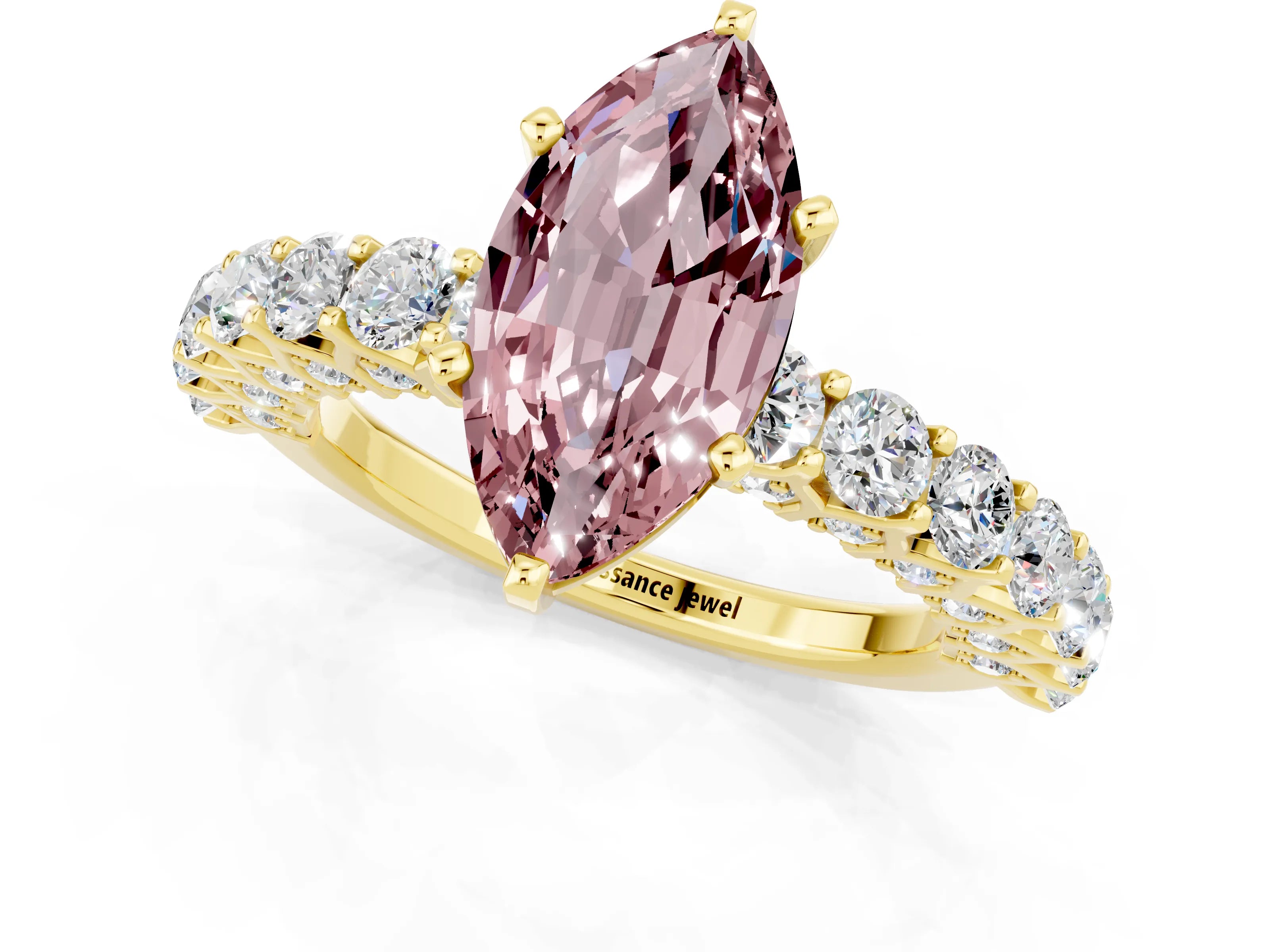Yellow gold Marquise Cut Morganite Solitaire Ring with Shared Prong Pavé Band and Four-Prong Setting_1