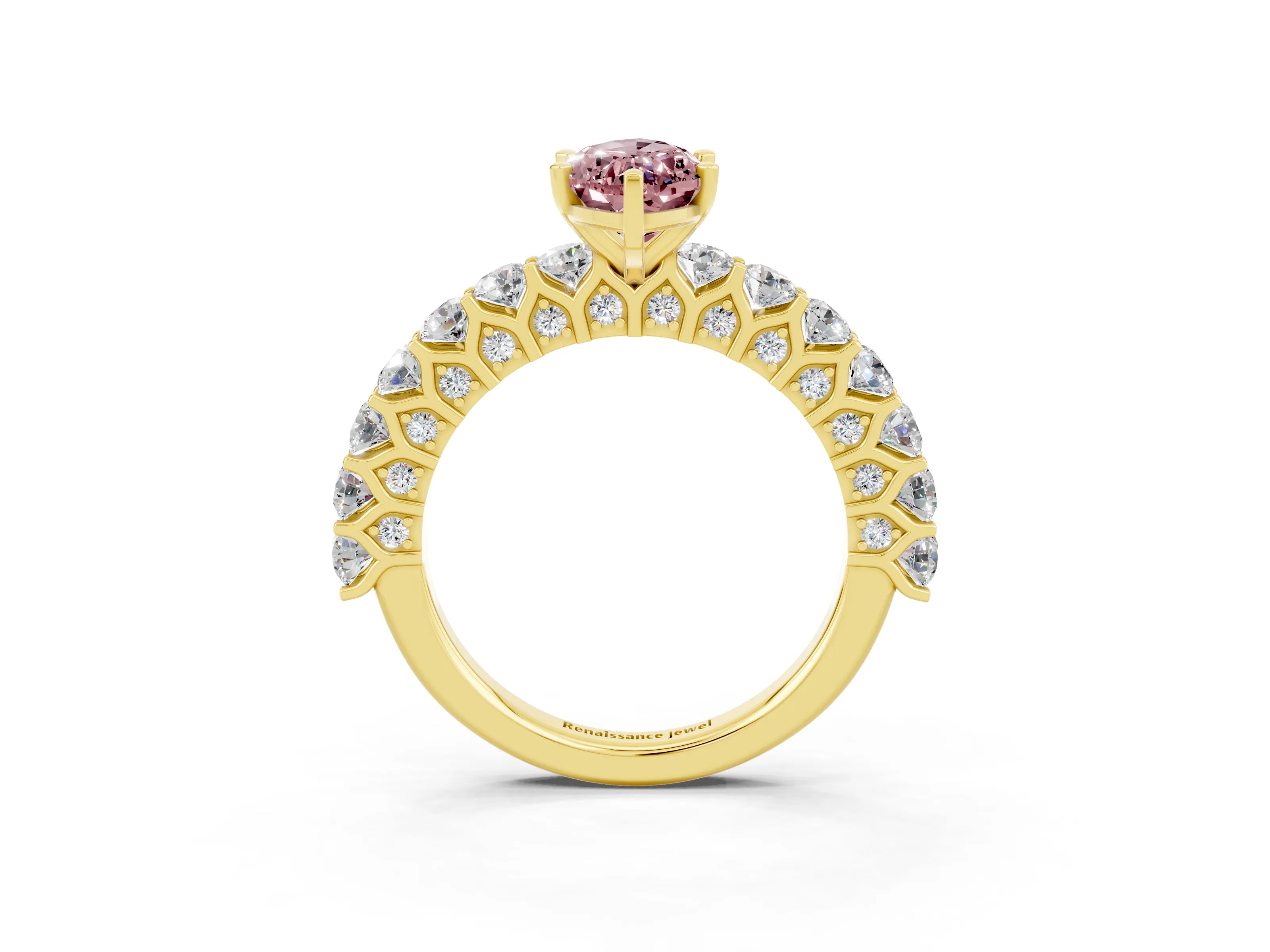 Yellow gold Marquise Cut Morganite Solitaire Ring with Shared Prong Pavé Band and Four-Prong Setting_3