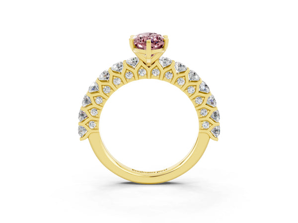 Yellow gold Marquise Cut Morganite Solitaire Ring with Shared Prong Pavé Band and Four-Prong Setting