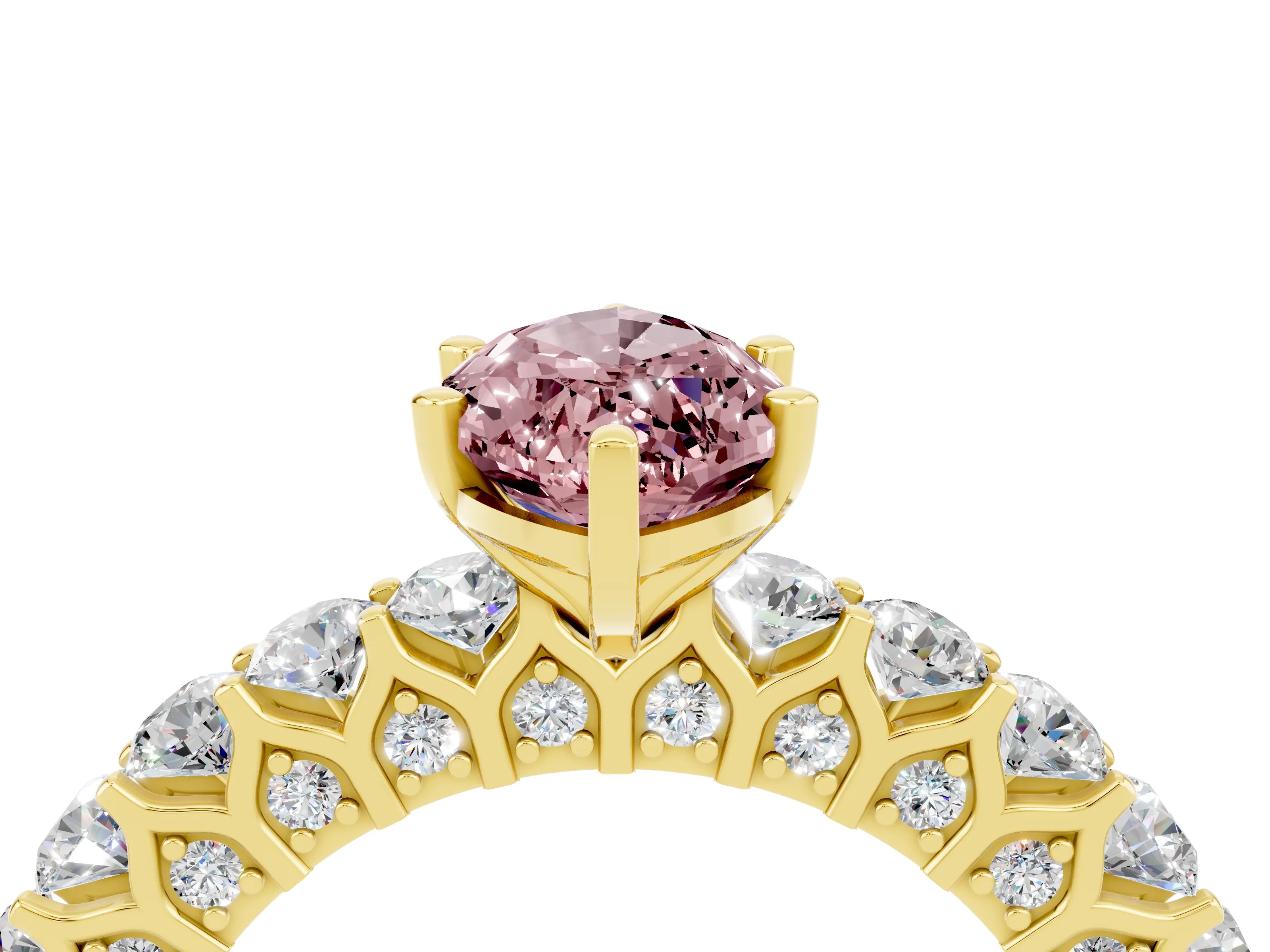 Yellow gold Marquise Cut Morganite Solitaire Ring with Shared Prong Pavé Band and Four-Prong Setting_4