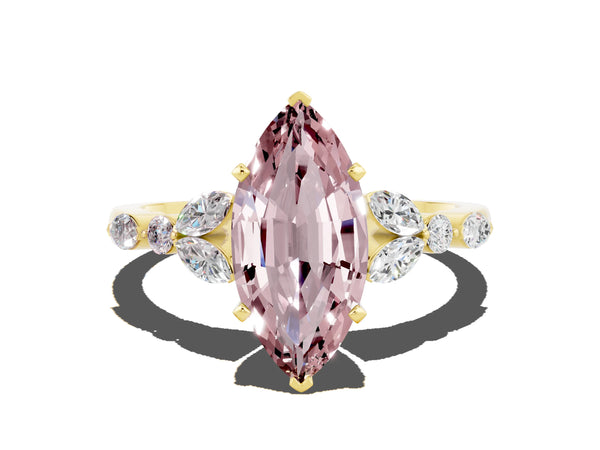 Yellow gold Marquise Cut Morganite Solitaire Ring with Side Stones and Four-Prong Setting