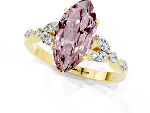 Yellow gold Marquise Cut Morganite Solitaire Ring with Side Stones and Four-Prong Setting