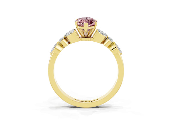 Yellow gold Marquise Cut Morganite Solitaire Ring with Side Stones and Four-Prong Setting