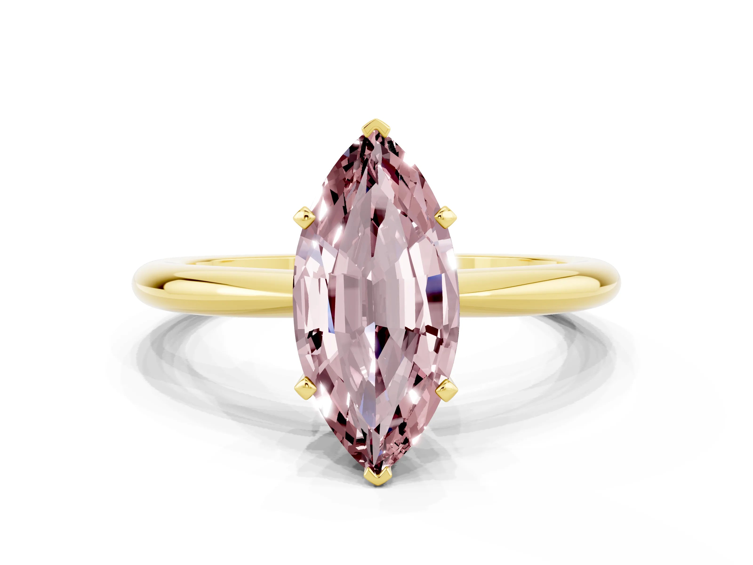 Yellow gold Marquise Cut Morganite Solitaire Ring with Six-Prong Setting and Classic Band
