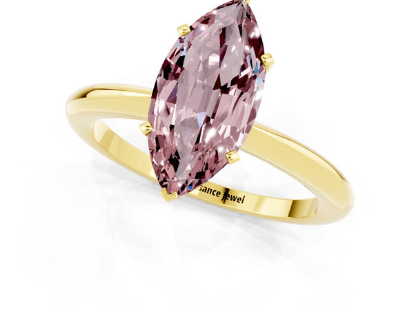 Yellow gold Marquise Cut Morganite Solitaire Ring with Six-Prong Setting and Classic Band