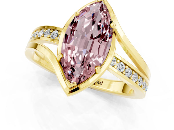 Yellow gold Marquise Cut Morganite Solitaire Ring with Split Shank and Prong Setting