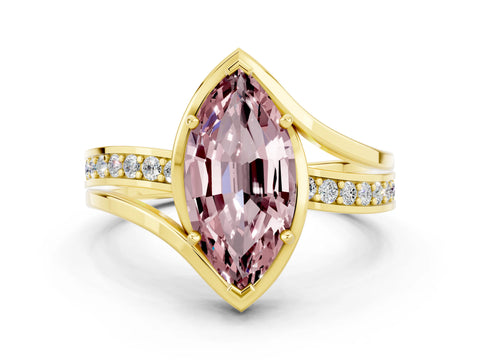 Yellow gold Marquise Cut Morganite Solitaire Ring with Split Shank and Prong Setting