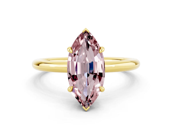 Yellow gold Marquise Cut Morganite Solitaire Ring with Thin Band and Four-Prong Setting
