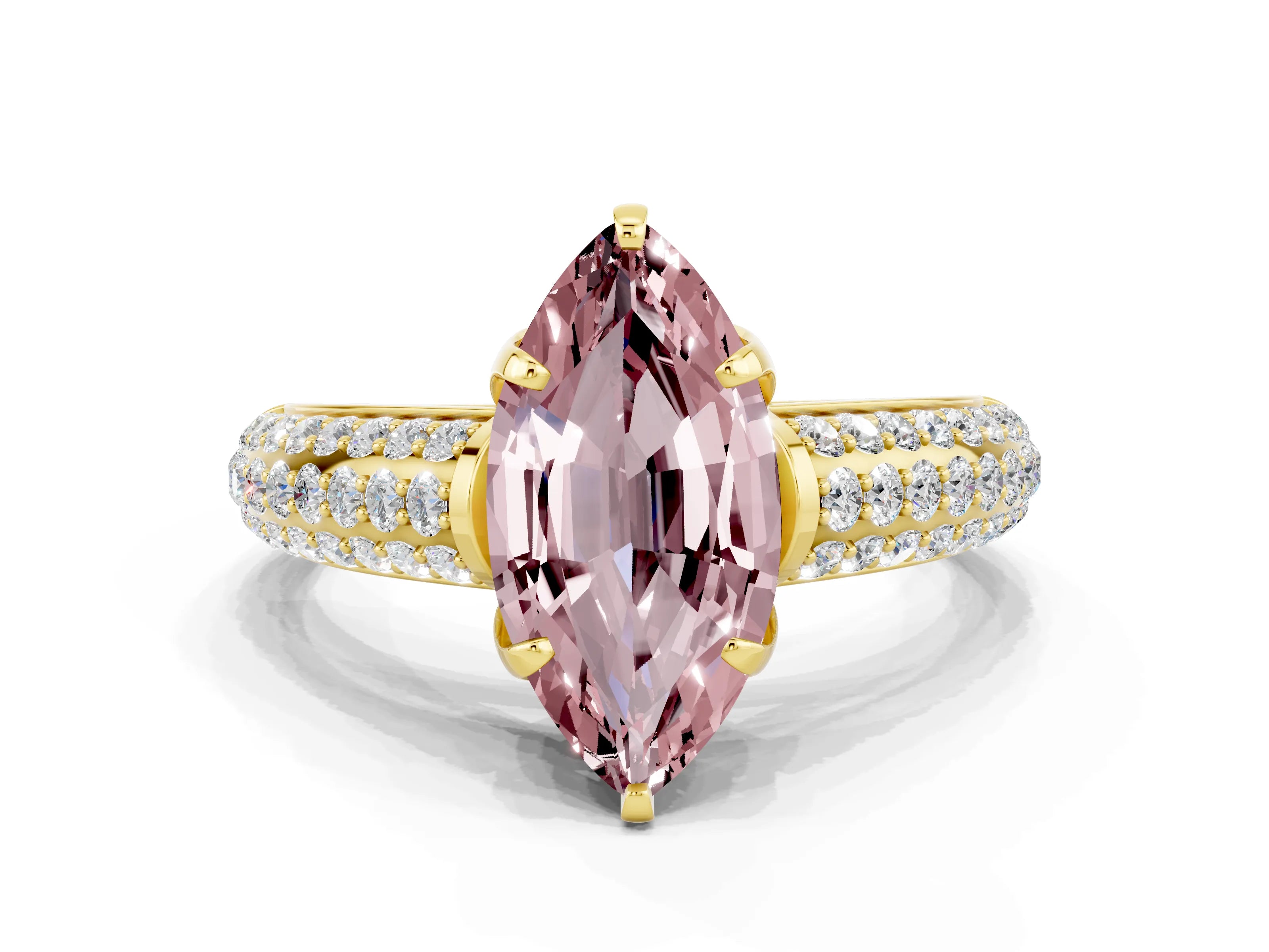 Yellow gold Marquise Cut Morganite Solitaire Ring with Three-Row Pavé Band and Four-Prong Setting_12