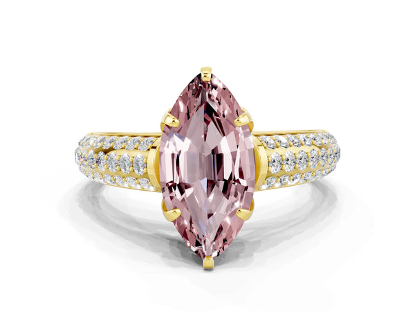 Yellow gold Marquise Cut Morganite Solitaire Ring with Three-Row Pavé Band and Four-Prong Setting