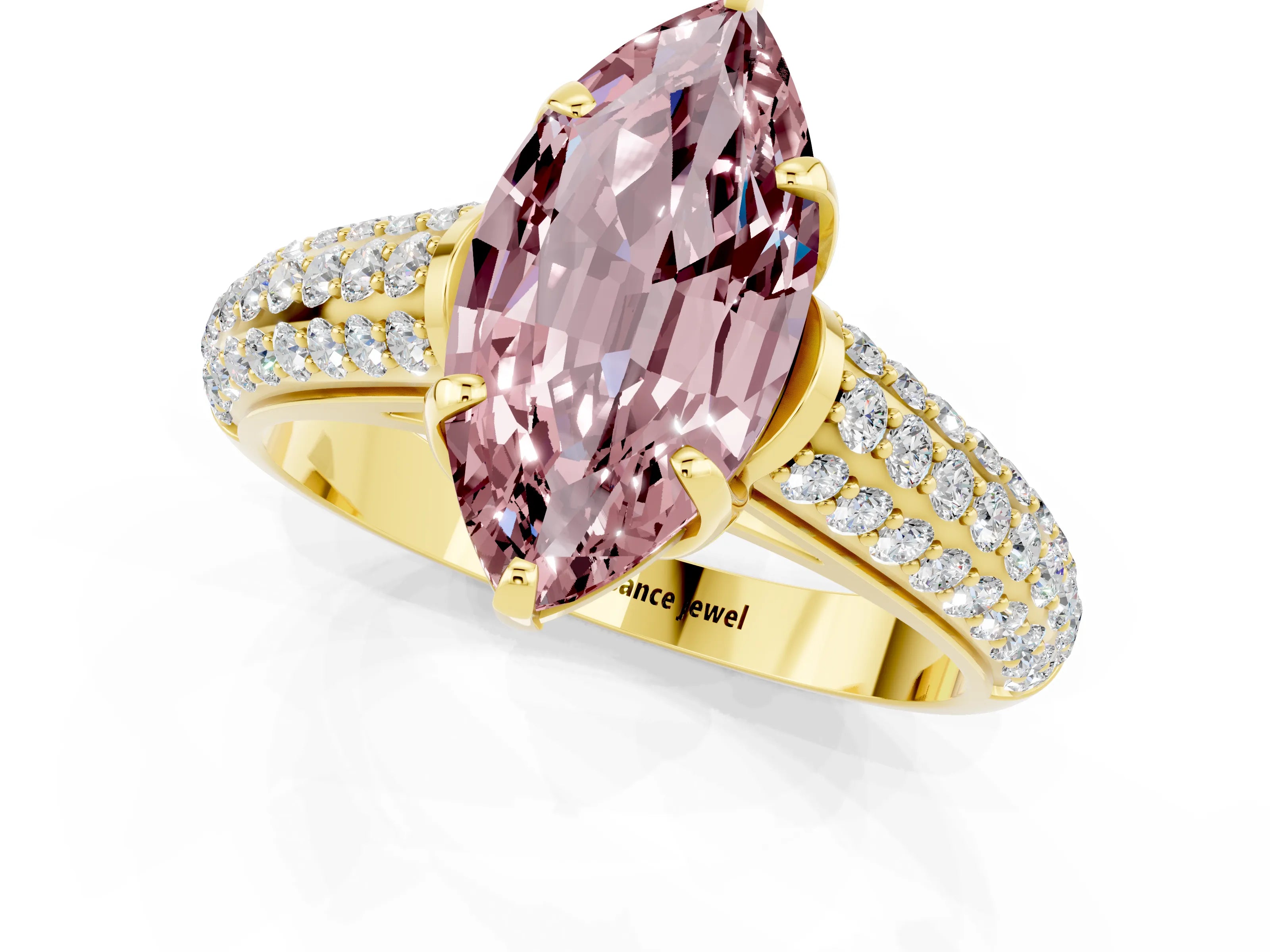 Yellow gold Marquise Cut Morganite Solitaire Ring with Three-Row Pavé Band and Four-Prong Setting_13