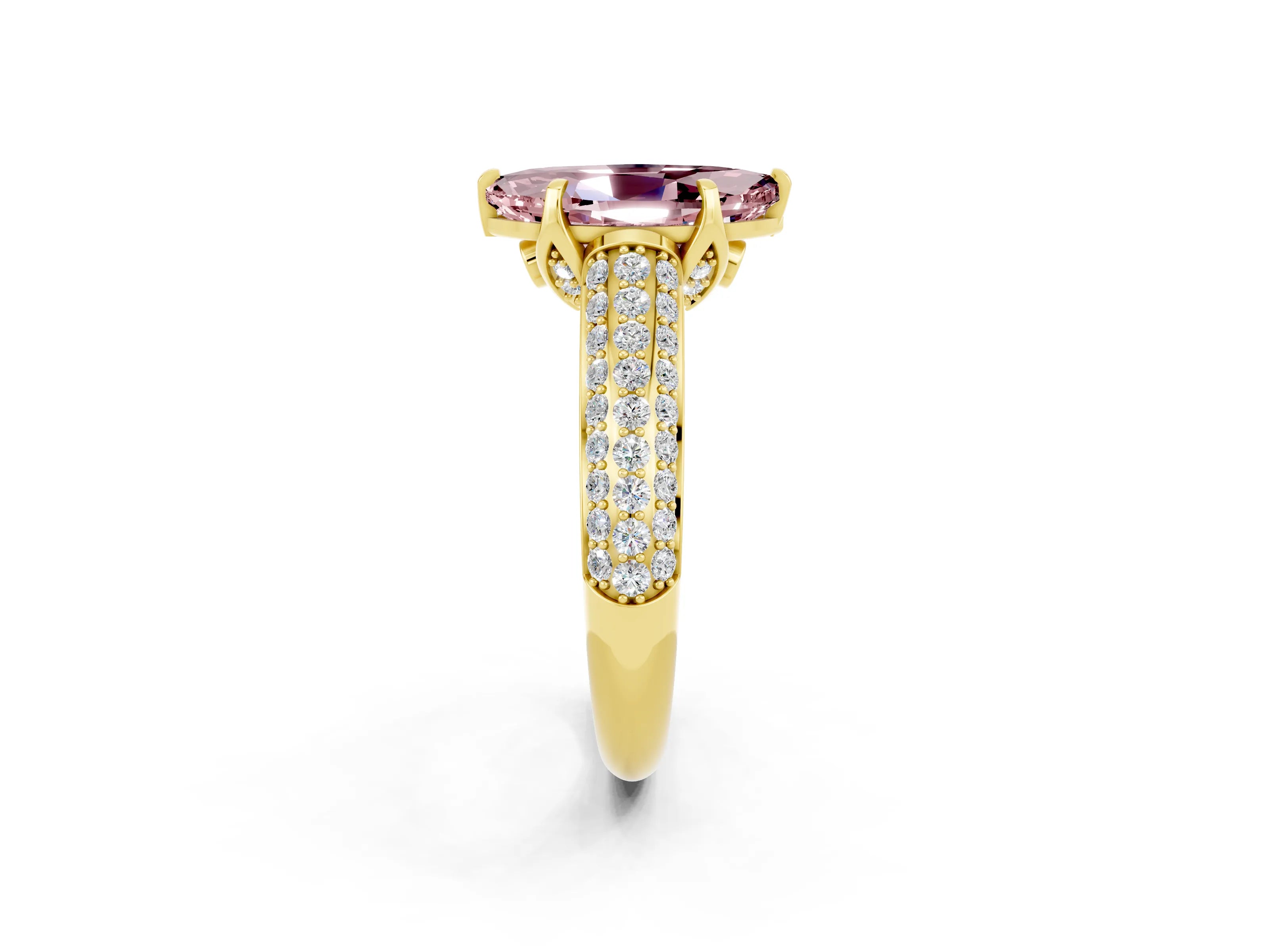 Yellow gold Marquise Cut Morganite Solitaire Ring with Three-Row Pavé Band and Four-Prong Setting_14