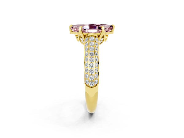 Yellow gold Marquise Cut Morganite Solitaire Ring with Three-Row Pavé Band and Four-Prong Setting
