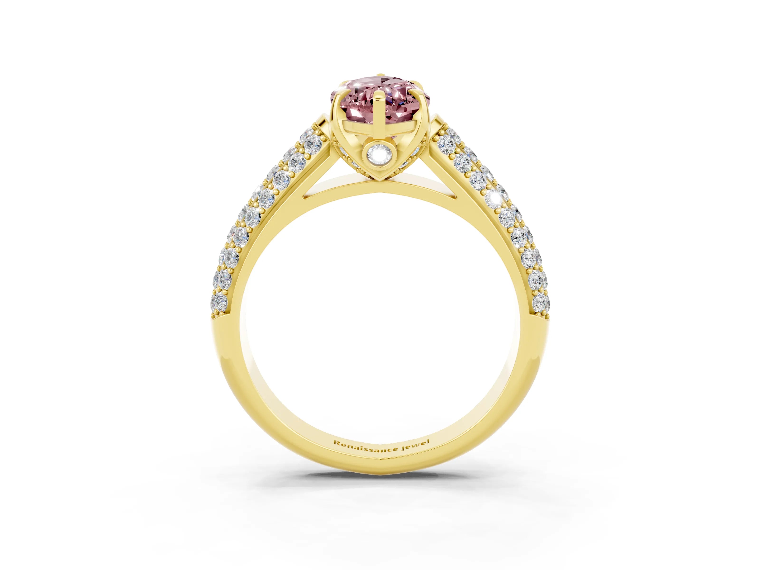 Yellow gold Marquise Cut Morganite Solitaire Ring with Three-Row Pavé Band and Four-Prong Setting_15