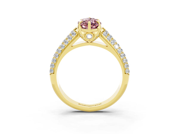 Yellow gold Marquise Cut Morganite Solitaire Ring with Three-Row Pavé Band and Four-Prong Setting