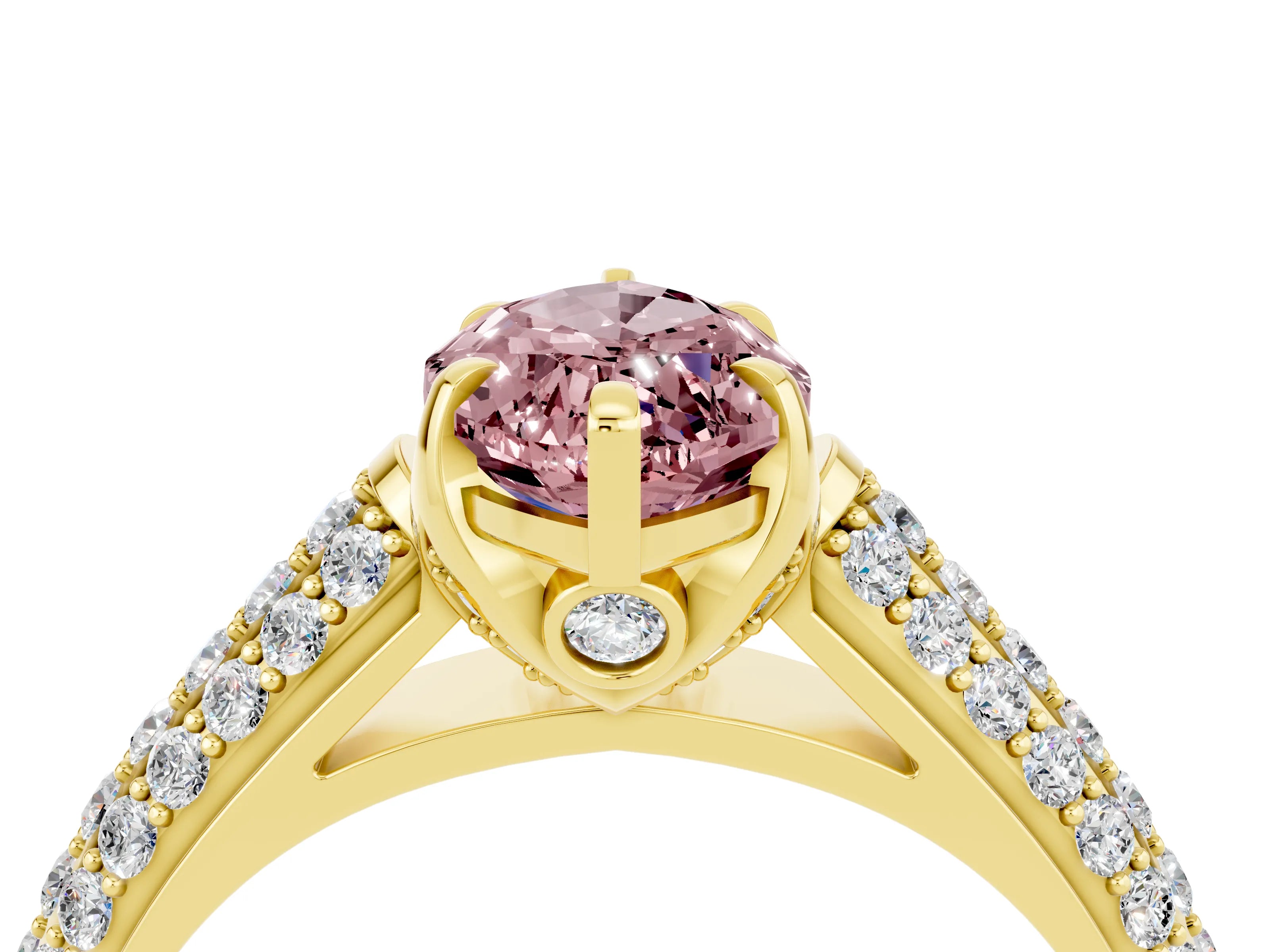Yellow gold Marquise Cut Morganite Solitaire Ring with Three-Row Pavé Band and Four-Prong Setting_16