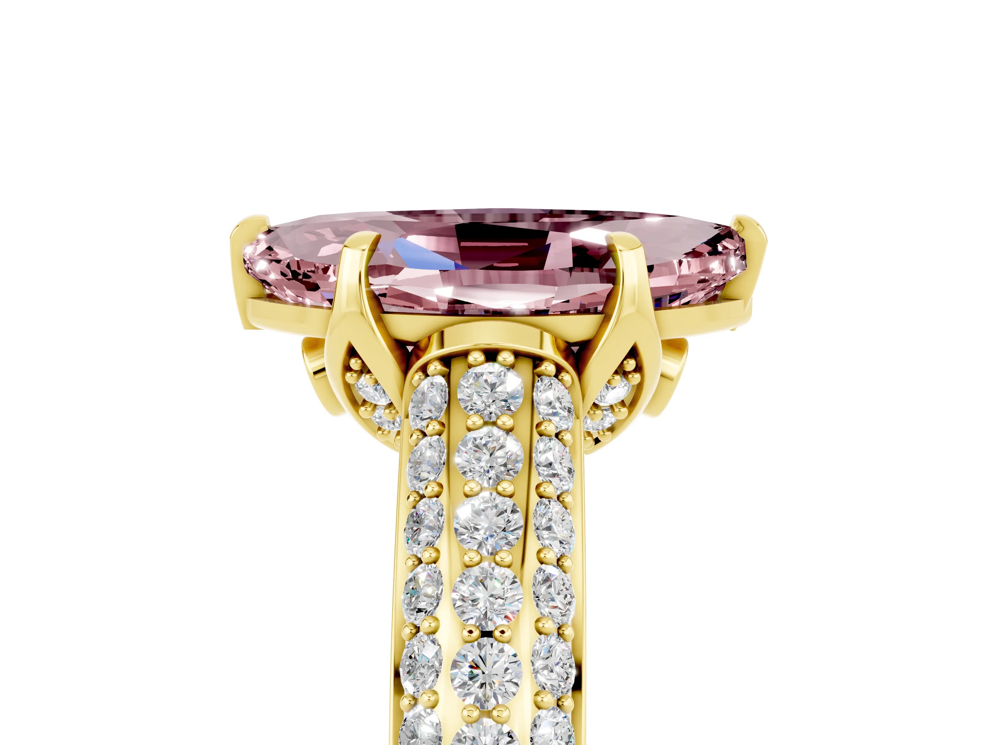 Yellow gold Marquise Cut Morganite Solitaire Ring with Three-Row Pavé Band and Four-Prong Setting_17