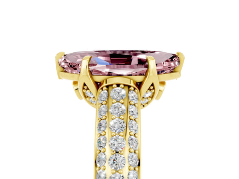 Yellow gold Marquise Cut Morganite Solitaire Ring with Three-Row Pavé Band and Four-Prong Setting_17