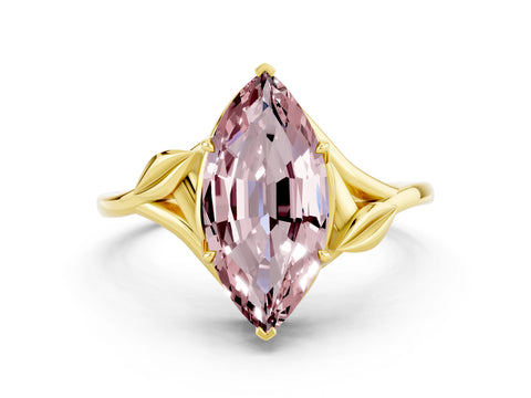Yellow gold Marquise Cut Morganite Solitaire Ring with Twist Band and Four-Prong Setting_24