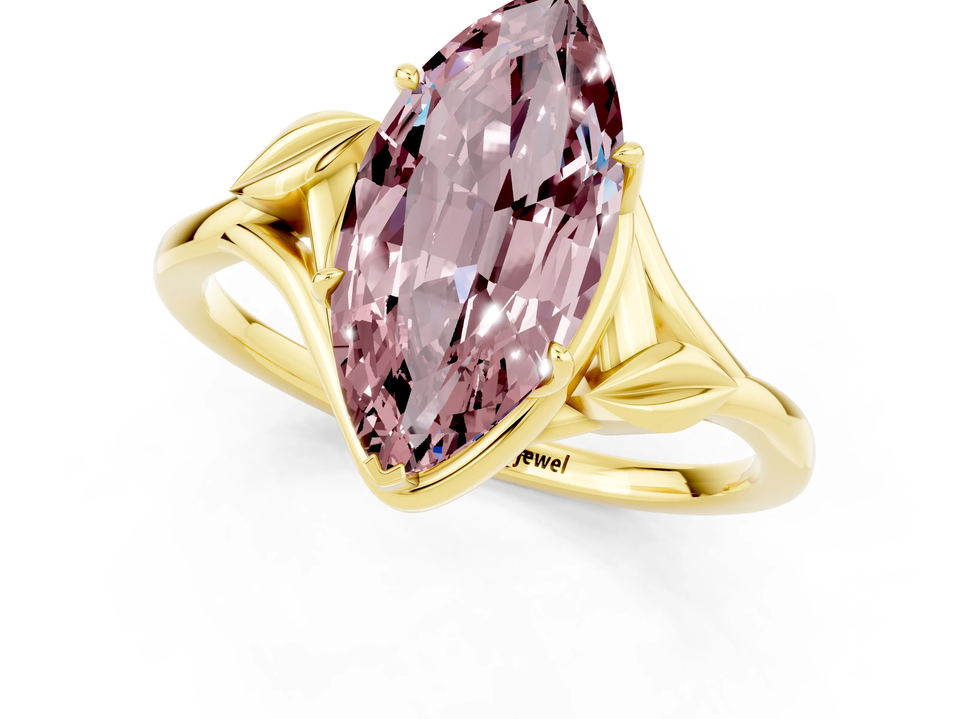 Yellow gold Marquise Cut Morganite Solitaire Ring with Twist Band and Four-Prong Setting_25
