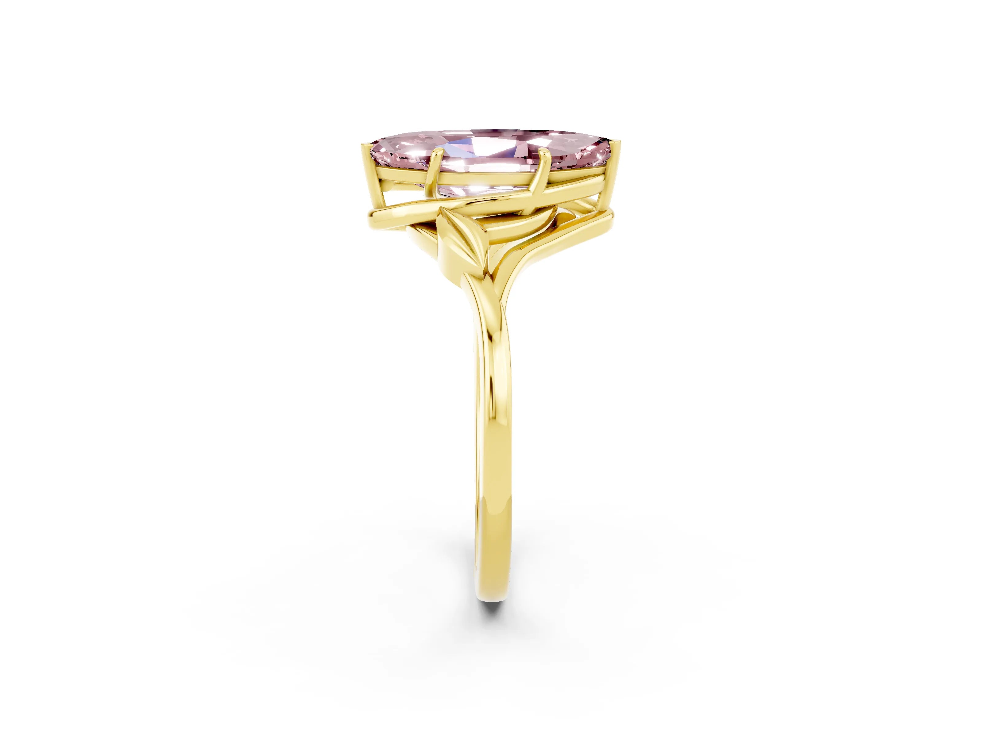 Yellow gold Marquise Cut Morganite Solitaire Ring with Twist Band and Four-Prong Setting_26
