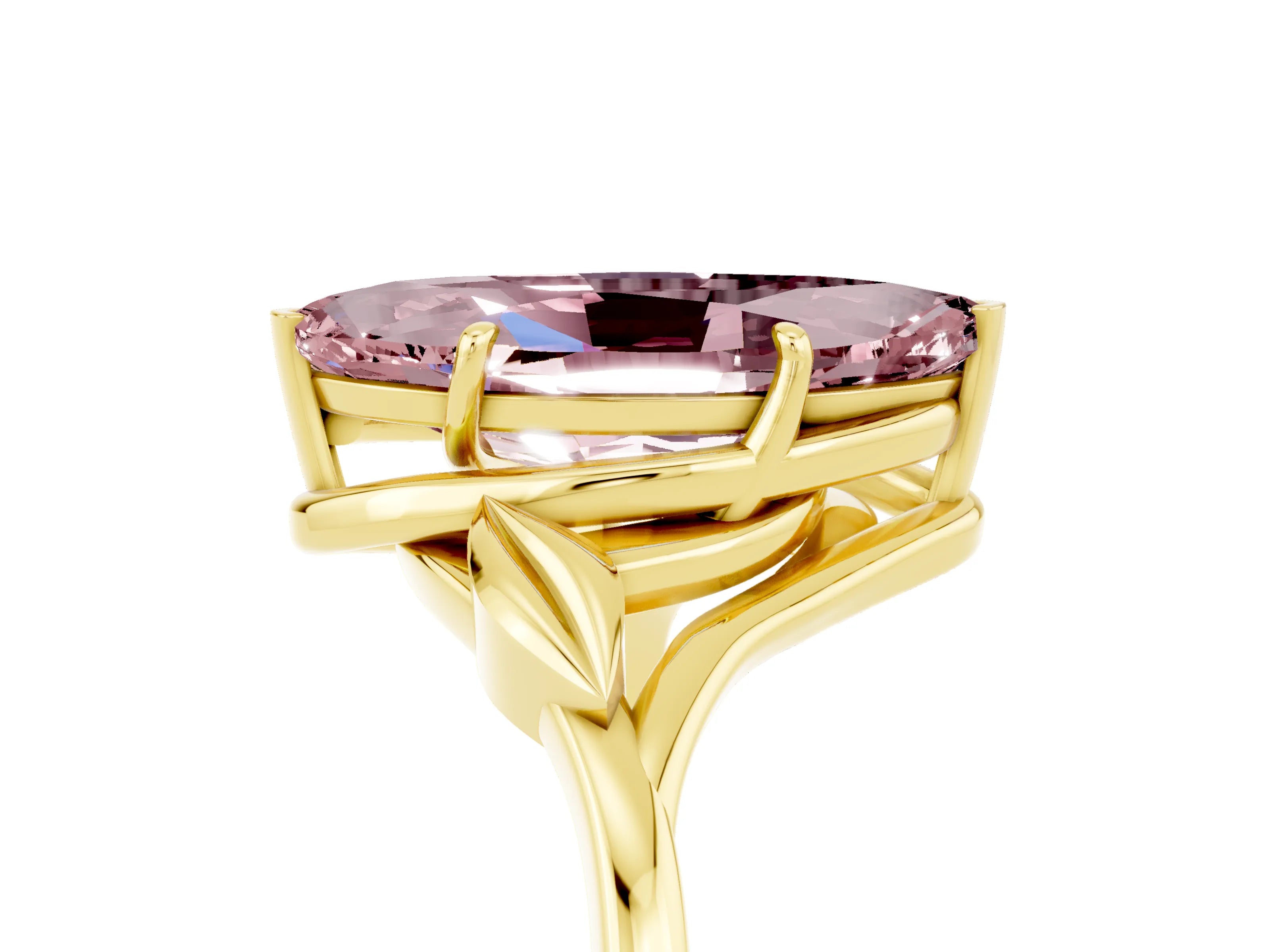 Yellow gold Marquise Cut Morganite Solitaire Ring with Twist Band and Four-Prong Setting_29