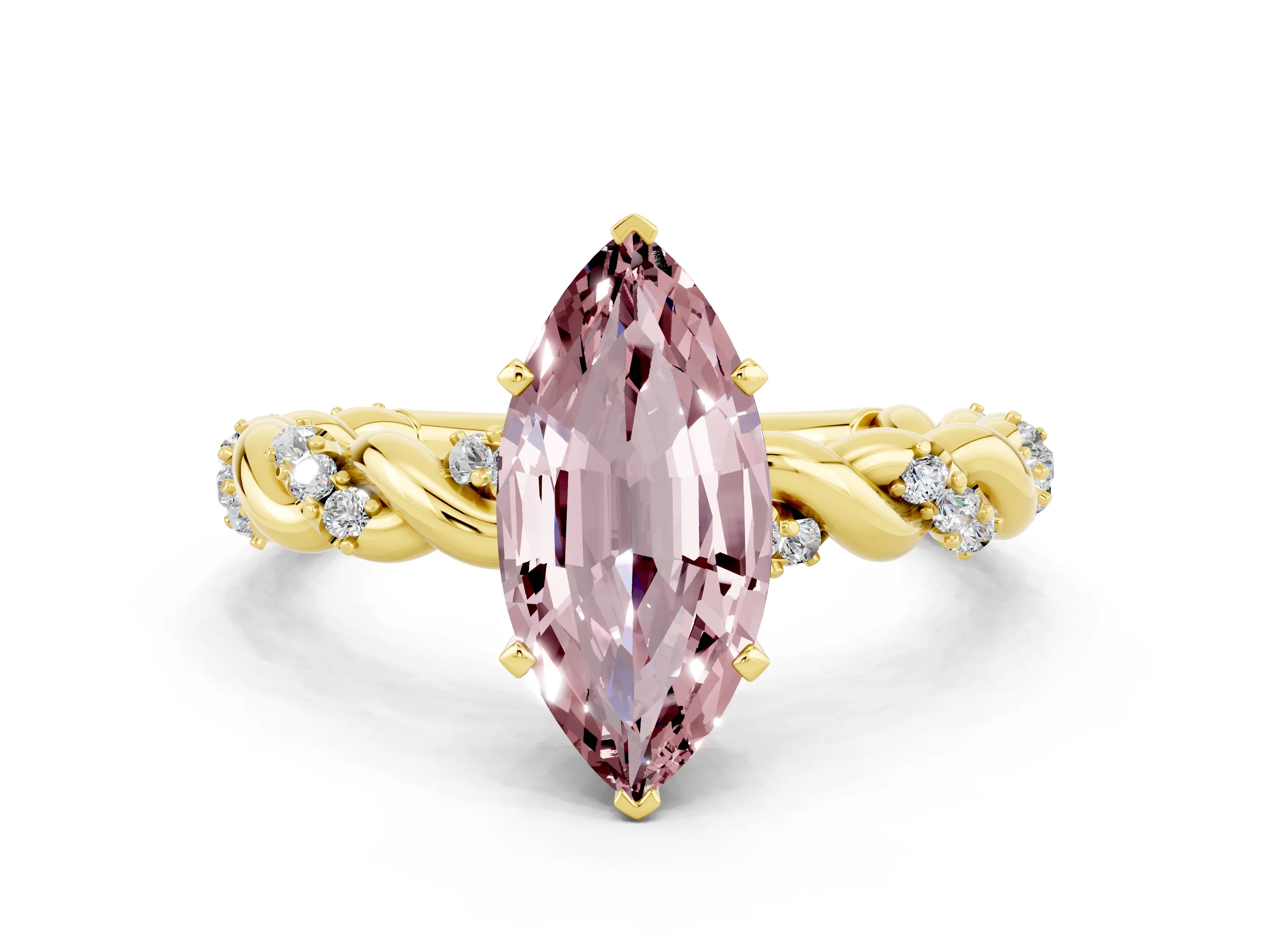 Yellow gold Marquise Cut Morganite Solitaire Ring with Twisted Band and Pavé Accents