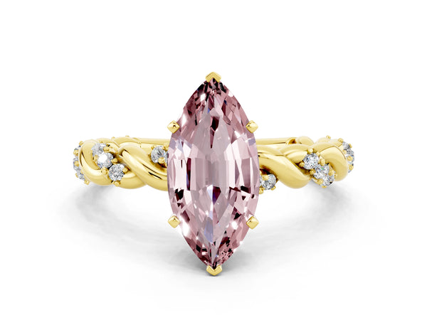 Yellow gold Marquise Cut Morganite Solitaire Ring with Twisted Band and Pavé Accents